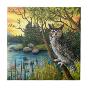 Owl Bird 68 Green Nature Ceramic Tile