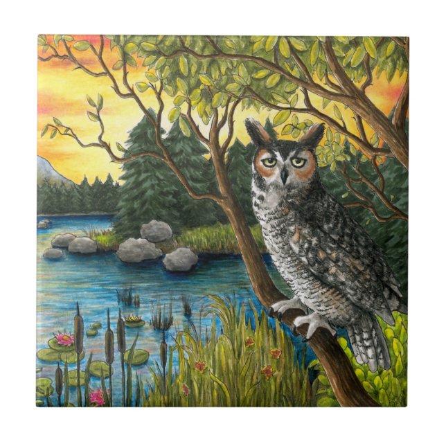 Owl Bird 68 Green Nature Ceramic Tile (Front)