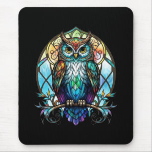 Owl Bird Animal Portrait Stained Glass Wildlife Mouse Pad