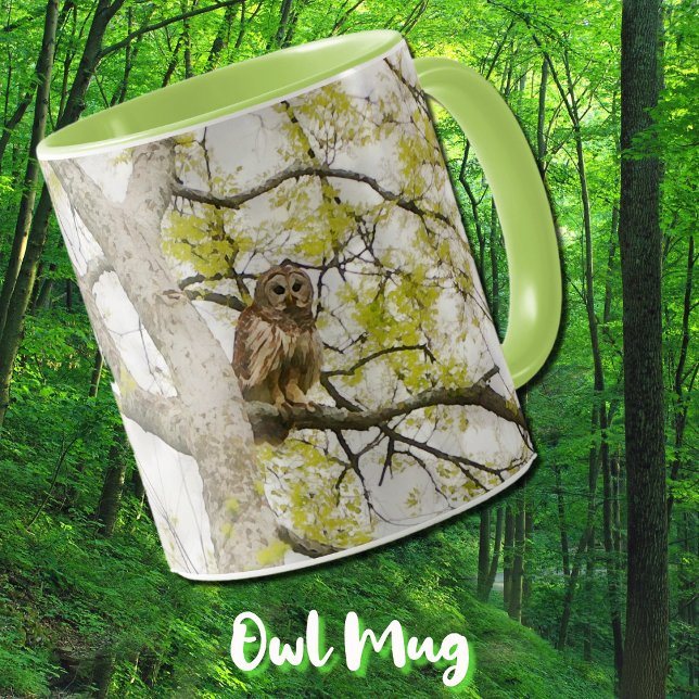 Owl Bird in Tree Nature Mug Cup (A big owl in a tree, nature art on a stylish coffee mug.)
