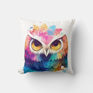 Owl Bird Wild Nature Animal Color Art Painting Throw Pillow