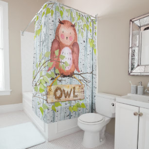 Owl Bird Woodland Friends Watercolor illustration Shower Curtain
