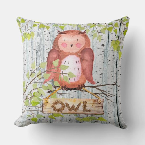 Owl Bird Woodland Friends Watercolor illustration Throw Pillow