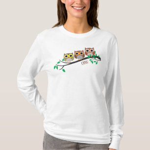 Owl Birds On Tree Cute Animals Optional Initials T-Shirt