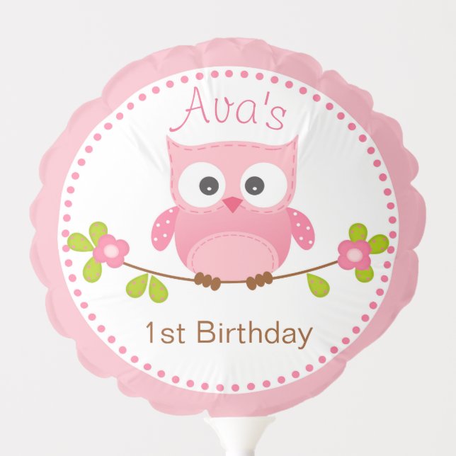 Owl Birthday Balloon (Pink for Girls) (Front)