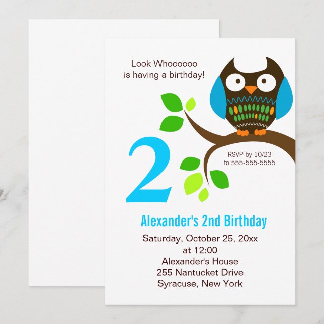 Owl Birthday Invitation for Boys Blue/Green (Front/Back)