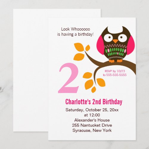 Owl Birthday Invitation for Girls Orange/Pink