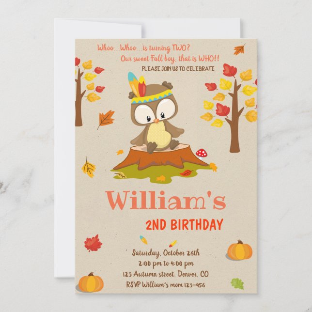 Owl birthday invitation Owl invitation Fall boy (Front)