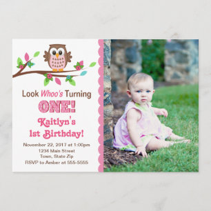 Owl Birthday Invitation Pink Girl 1st Invite