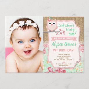 Owl birthday invitations, girl 1st photo birthday invitation