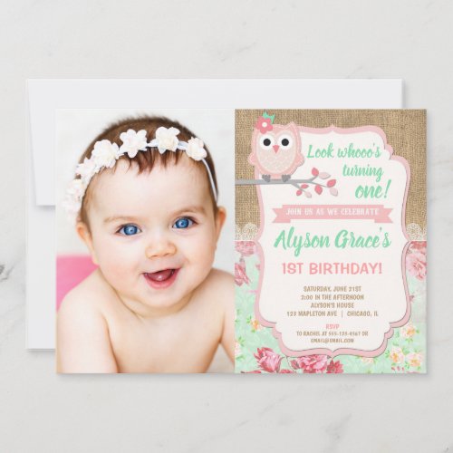 Owl birthday invitations girl 1st photo birthday invitation