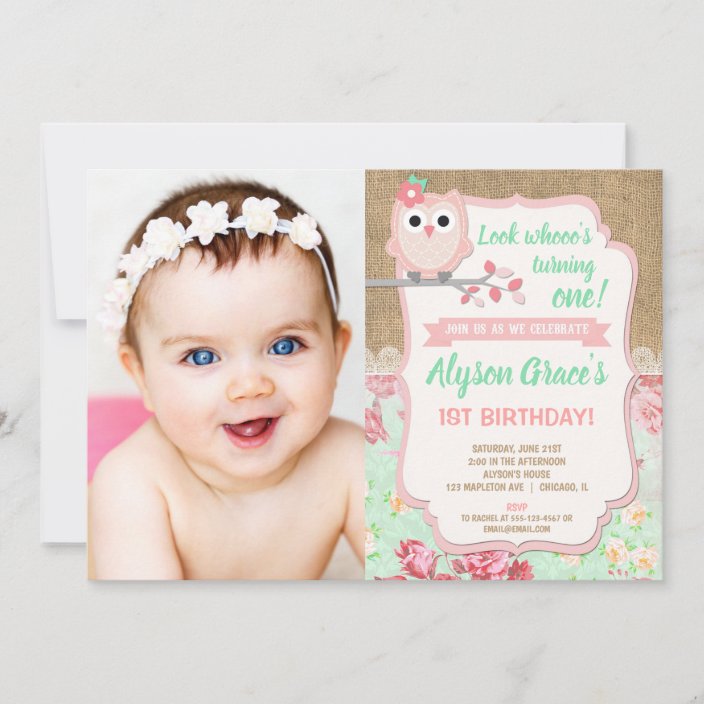 Owl birthday invitations, girl 1st photo birthday invitation | Zazzle