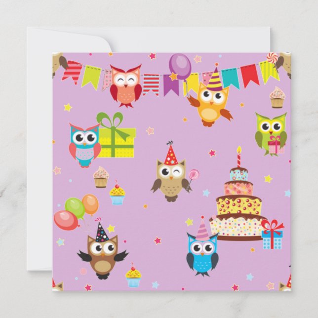 owl birthday party cake cute invitation (Front)