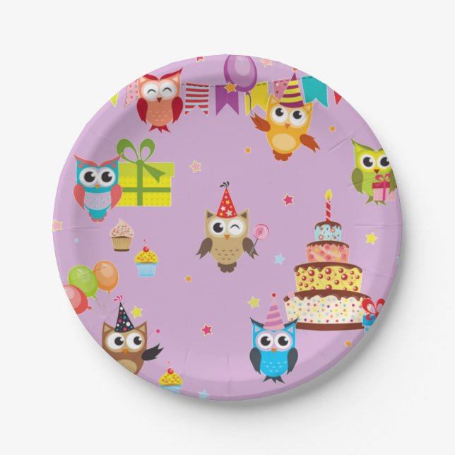 owl birthday party cake cute paper plates (Front)
