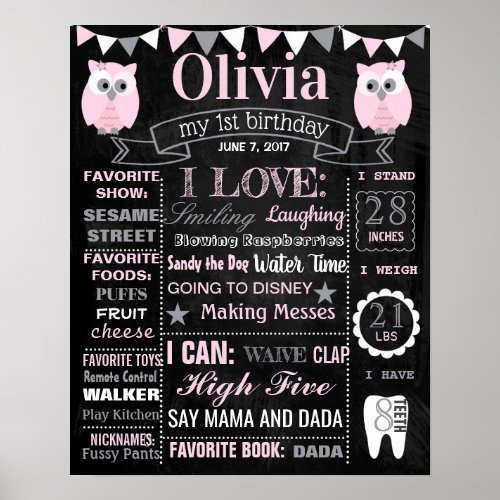 Owl Birthday Party chalkboard sign poster