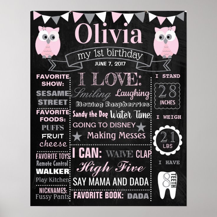 Owl Birthday Party chalkboard sign poster Zazzle