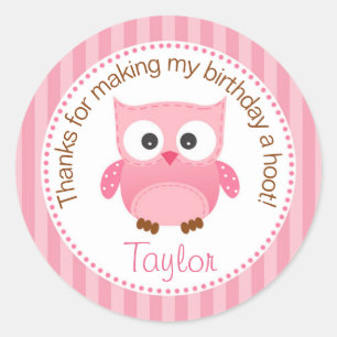 Owl Birthday Party Favor Stickers (Pink)