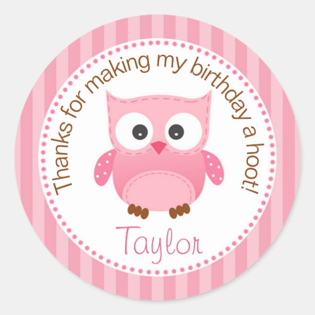 Owl Birthday Party Favor Stickers (Pink) (Front)
