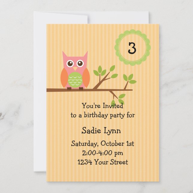 Owl birthday party invitation (#INV004) (Front)