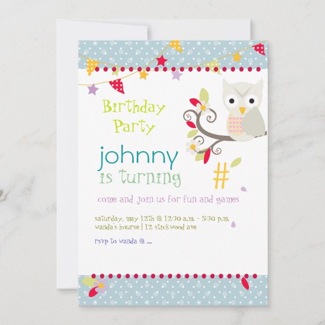 Owl, birthday party invitations (Front)
