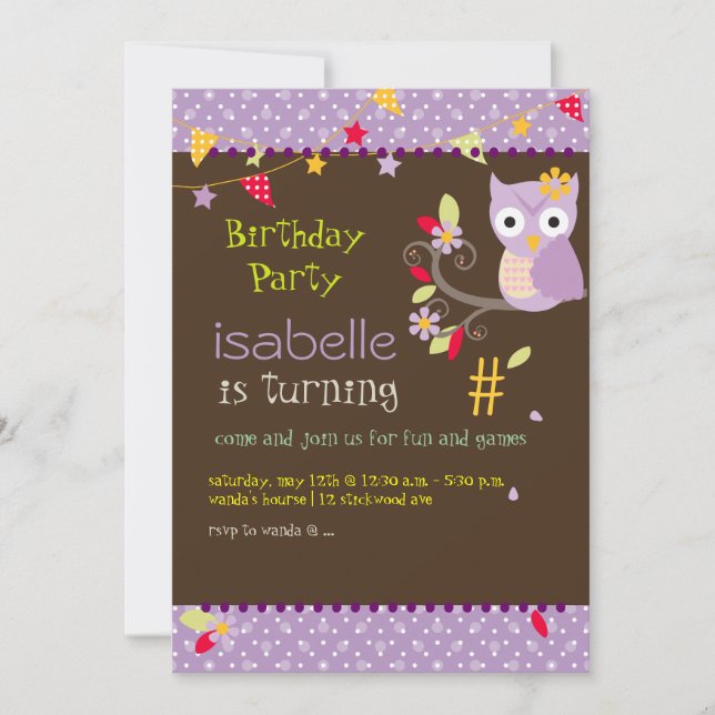 Owl, birthday party invitations (Front)