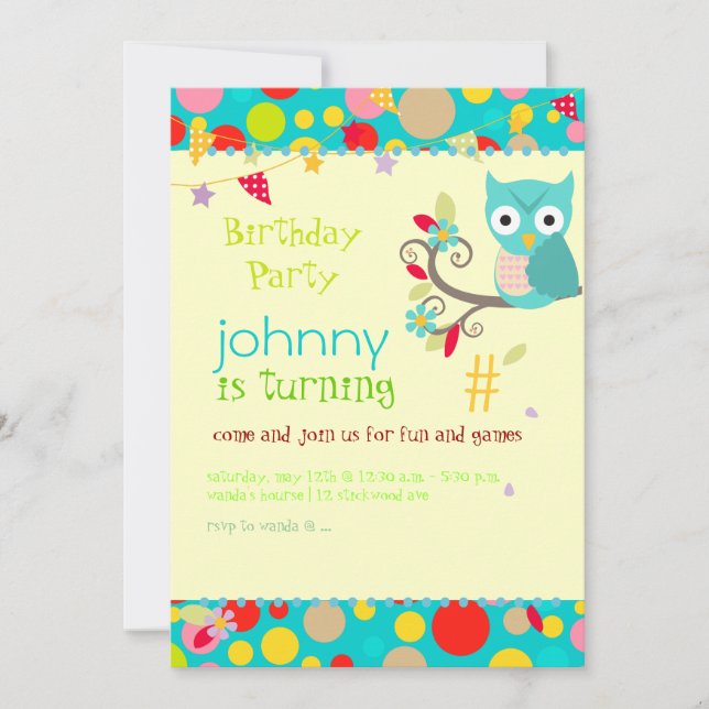 Owl, birthday party invitations/diy background invitation (Front)
