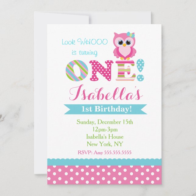 Owl Birthday Party Invitations for Girl (Front)