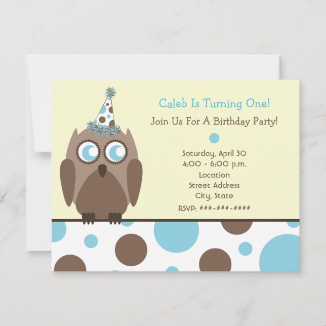 Owl Birthday Party Invite Blue & Brown Polka Dots (Front)
