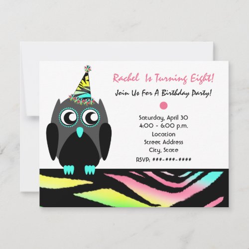 Owl Birthday Party Invite Neon Zebra Print
