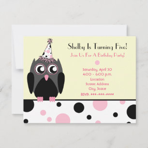 Owl Birthday Party Invite Pink & Black Polka Dots