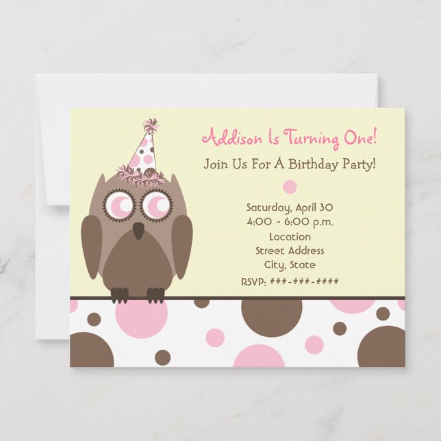 Owl Birthday Party Invite Pink & Brown Polka Dots (Front)