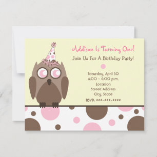 Owl Birthday Party Invite Pink & Brown Polka Dots