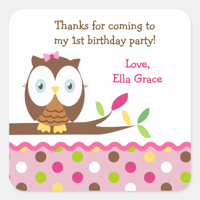 Owl Birthday Party Thank you Favor Stickers Labels (Front)