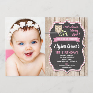Owl birthday photo invitations, girl woodland invitation