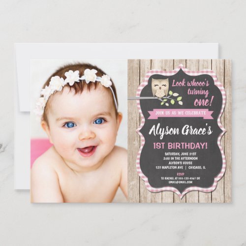 Owl birthday photo invitations girl woodland invitation