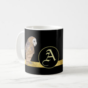 Owl black background gold bar monogram coffee mug