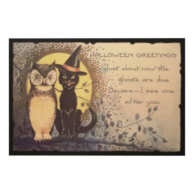 Owl Black Cat Full Moon Tree Night Wood Wall Art (Front)