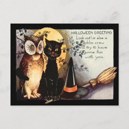 Owl Black Cat Full Moon Witchs Hat Broom Postcard