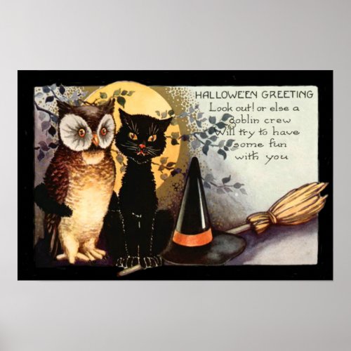 Owl Black Cat Full Moon Witchs Hat Poster