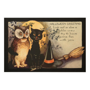 Owl Black Cat Full Moon Witch's Hat Wood Wall Art
