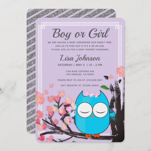 Owl Blossom Purple Glitter Stripes Baby Shower Invitation