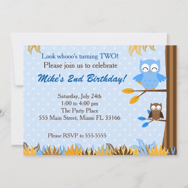 Owl Blue Brown Boy Birthday Party Invitation (Front)