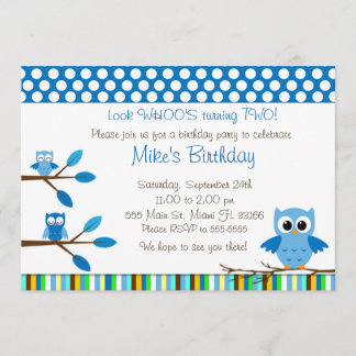 Owl Blue Brown Kids Birthday Party Invitation