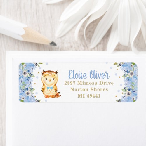 Owl Blue Floral Baby Shower Boy Birthday Address Label