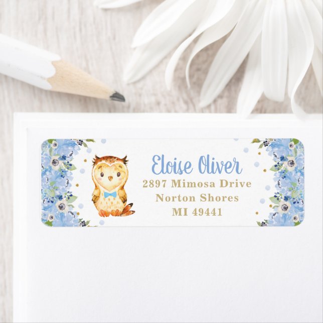 Owl Blue Floral Baby Shower Boy Birthday Address Label (Insitu)