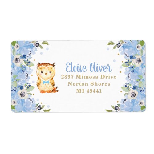 Owl Blue Floral Baby Shower Boy Birthday Address Label