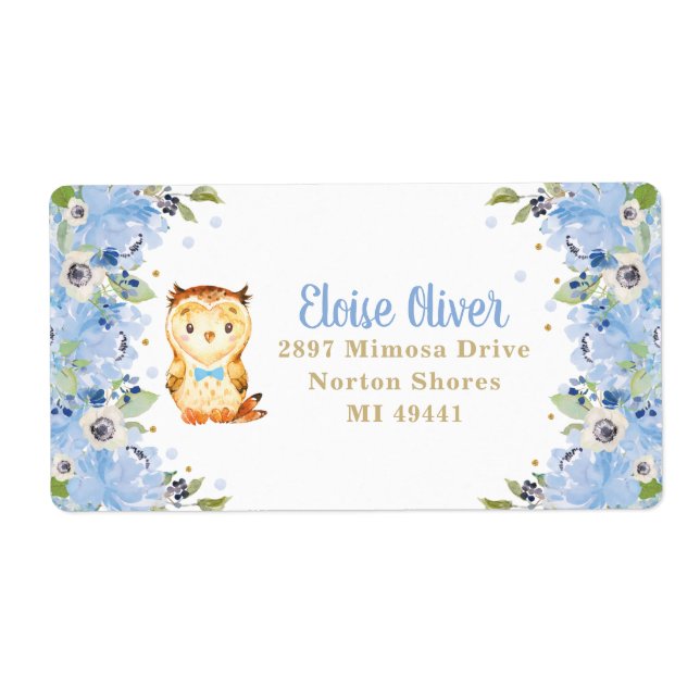 Owl Blue Floral Baby Shower Boy Birthday Address Label (Front)