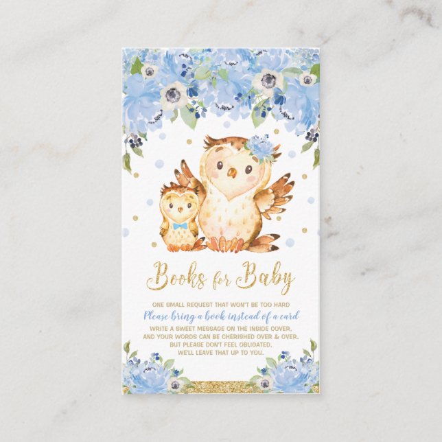 Owl Blue Floral Baby Shower Bring a Book Enclosure Card (Front)