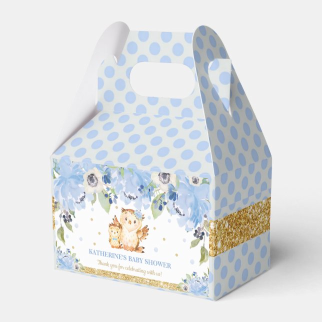Owl Blue Floral Baby Shower Thank You Favor Boxes (Front Side)
