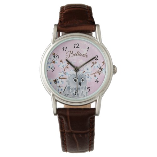 Owl Blue Pink Cherry Blossoms Numbers Monogram Watch